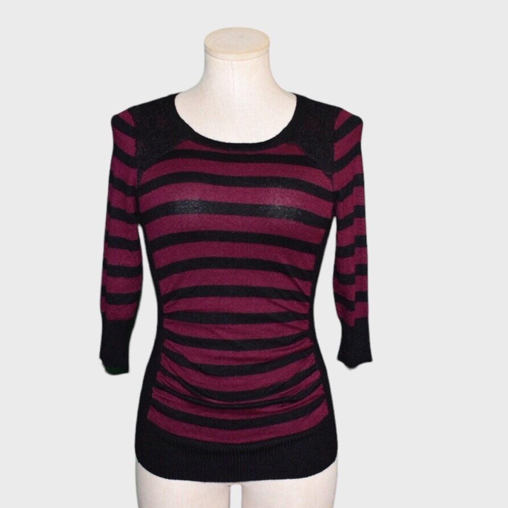 IZ‎ Byer Lace Shoulder Striped Ruched Sweater